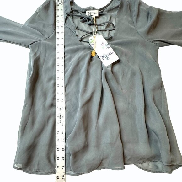 Show Me Your Mumu Womens S Lace-Up Blouse Gray Sheer Chiffon Romantic Flowy - Picture 8 of 11